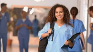 Jovem estudante de enfermagem sorrindo no hospital