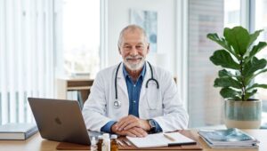 Médico sorridente em consultório moderno
