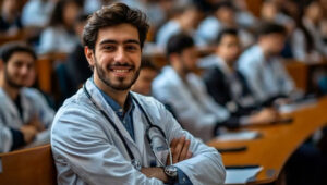 Estudante de medicina sorrindo em aula