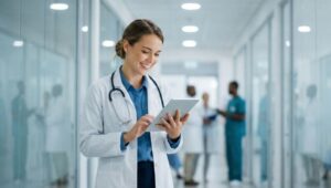 Médica sorrindo usando tablet em hospital moderno