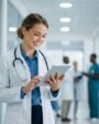 Médica sorrindo usando tablet em hospital moderno