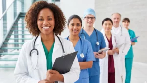 Equipe médica sorridente em ambiente clínico