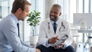 Médico conversando com paciente sobre saúde