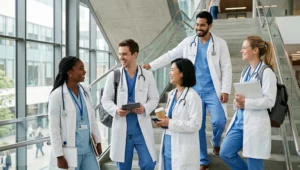Grupo de médicos conversando em escada moderna