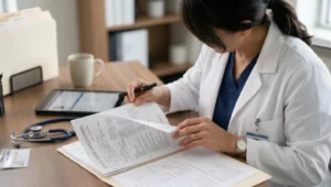 Médica analisando documentos de saúde em mesa de trabalho.
